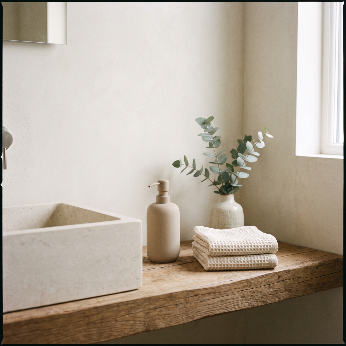 Stone basin with folded waffle towels