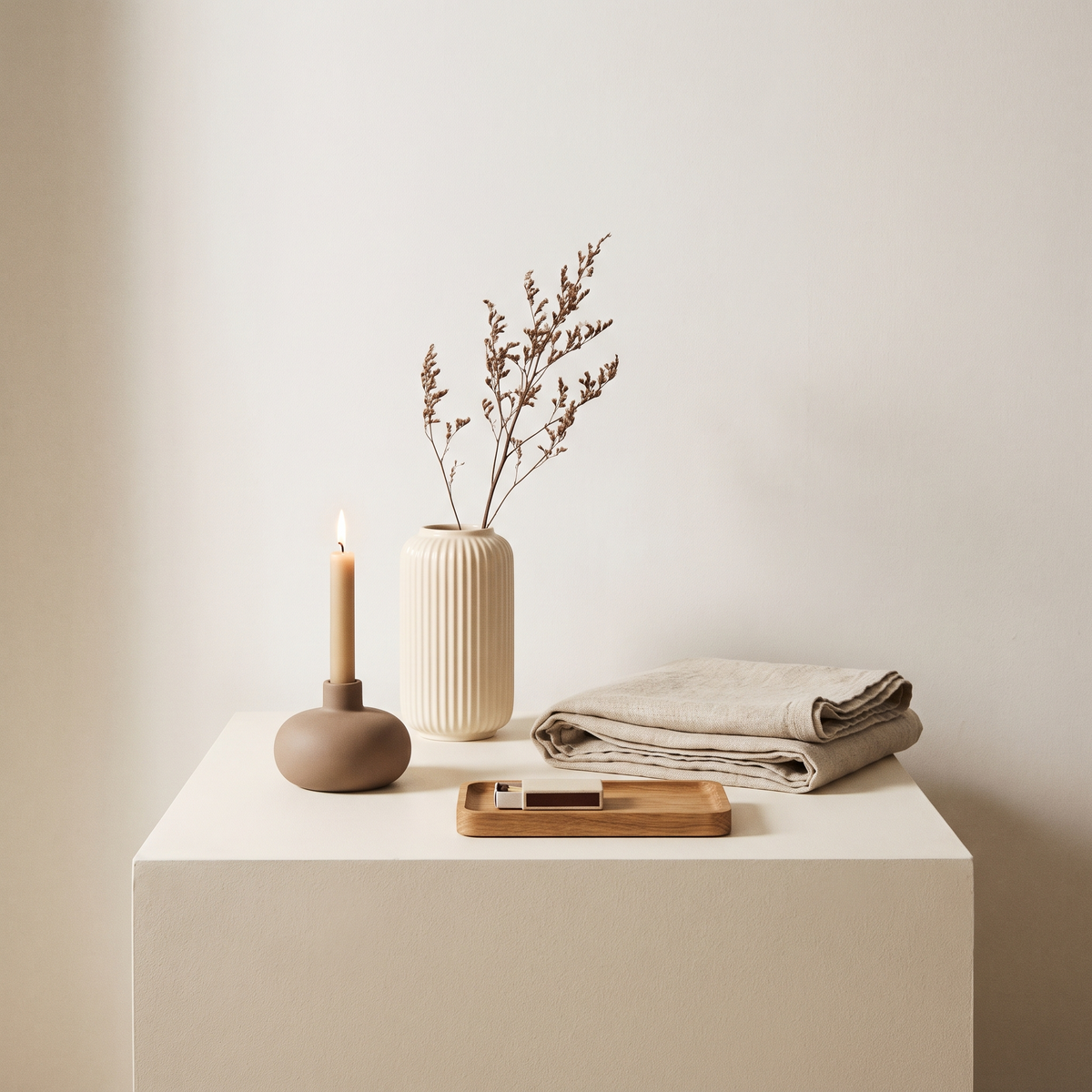 New home decor pieces grouped on a warm off-white surface
