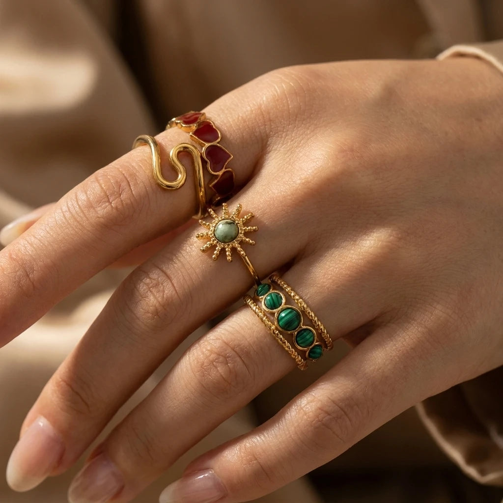French Vintage Gold Aesthetic Ring for Women Waterproof Stainless Steel Old Money Antique Sunburst Stacking Jewelry