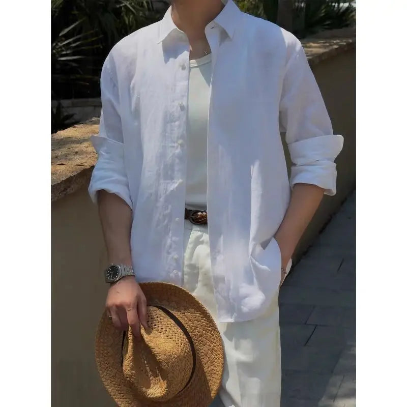 Men's Linen Shirt Cotton Blend Long Sleeve Button Down Casual Loose Fit Summer Breathable Tops Old Money Aesthetic Solid Color