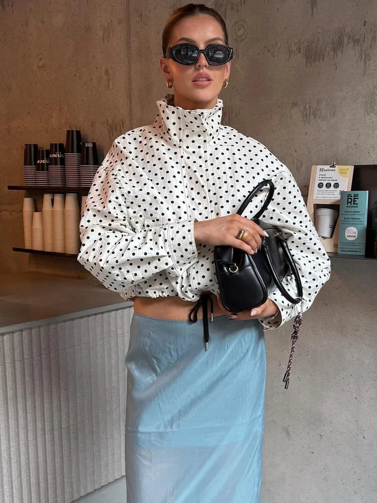 HH Fashion Women's Polka Dot Print Short Coats Autumn Long Sleeves Turtleneck Zipper With Pockets Drawstring Casual Jacket