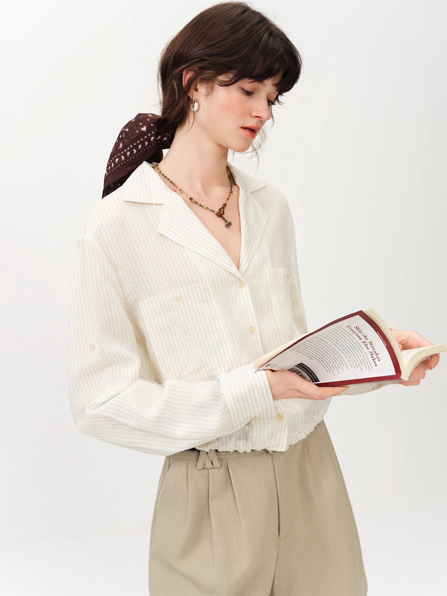FSLE Old Money Style Linen Striped Shirt Women's Summer 2026 Short Fit Turn-down Collar Cropped Shirt Drawstring Leisure Chic