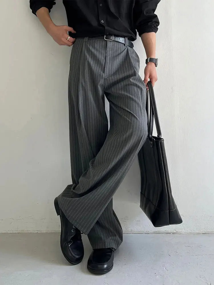 Minimalist Gray Striped Wide Leg Trousers Men Vintage Ice Silk Suit Pants Work Wear Old Money Straight Casual Loose Trousers