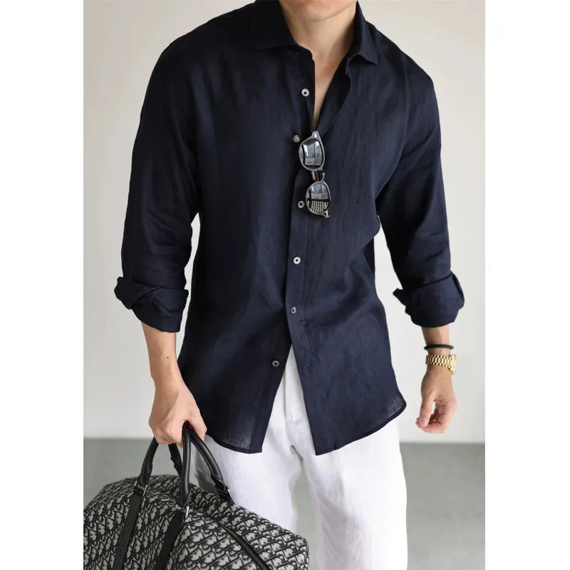 Men's Linen Shirt Cotton Blend Long Sleeve Button Down Casual Loose Fit Summer Breathable Tops Old Money Aesthetic Solid Color
