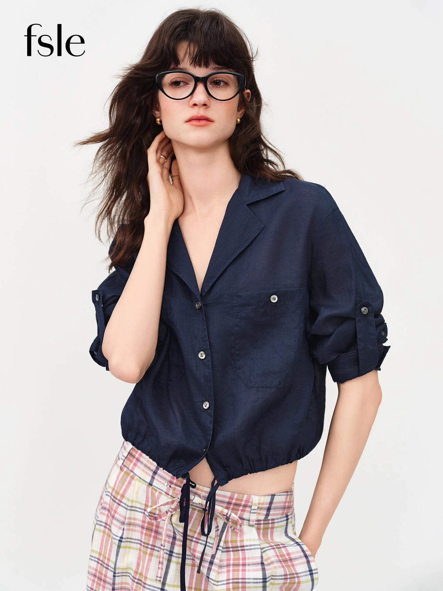 FSLE Old Money Style Linen Striped Shirt Women's Summer 2026 Short Fit Turn-down Collar Cropped Shirt Drawstring Leisure Chic