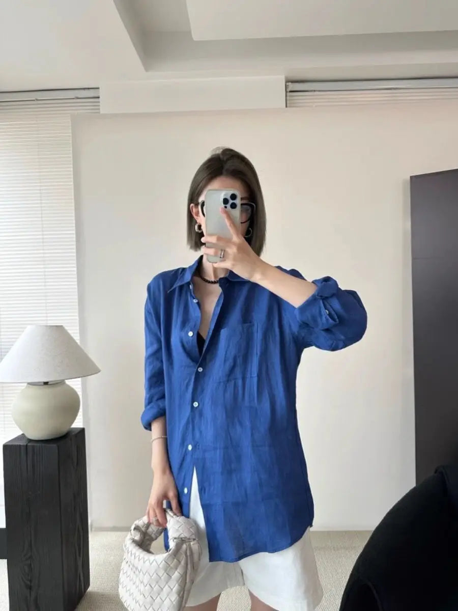 White Linen Long-sleeved Shirt for Women Summer Thin Loose Old Money Style Cotton and Linen Shirt with Sun Protection Top