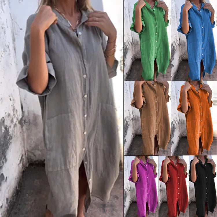 2026 Women's Old Money Shirt Dress Loose Button Pocket Half Sleeve Solid Color Casual Long Cotton and Linen Shirt Dresses
