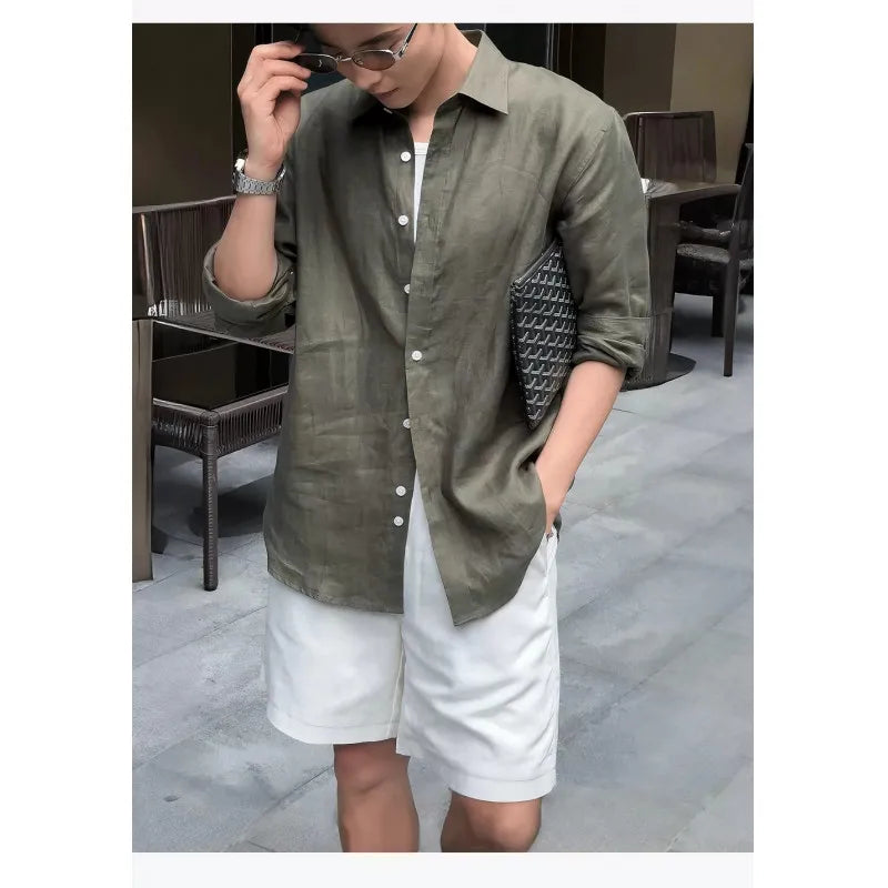 Men's Linen Shirt Cotton Blend Long Sleeve Button Down Casual Loose Fit Summer Breathable Tops Old Money Aesthetic Solid Color