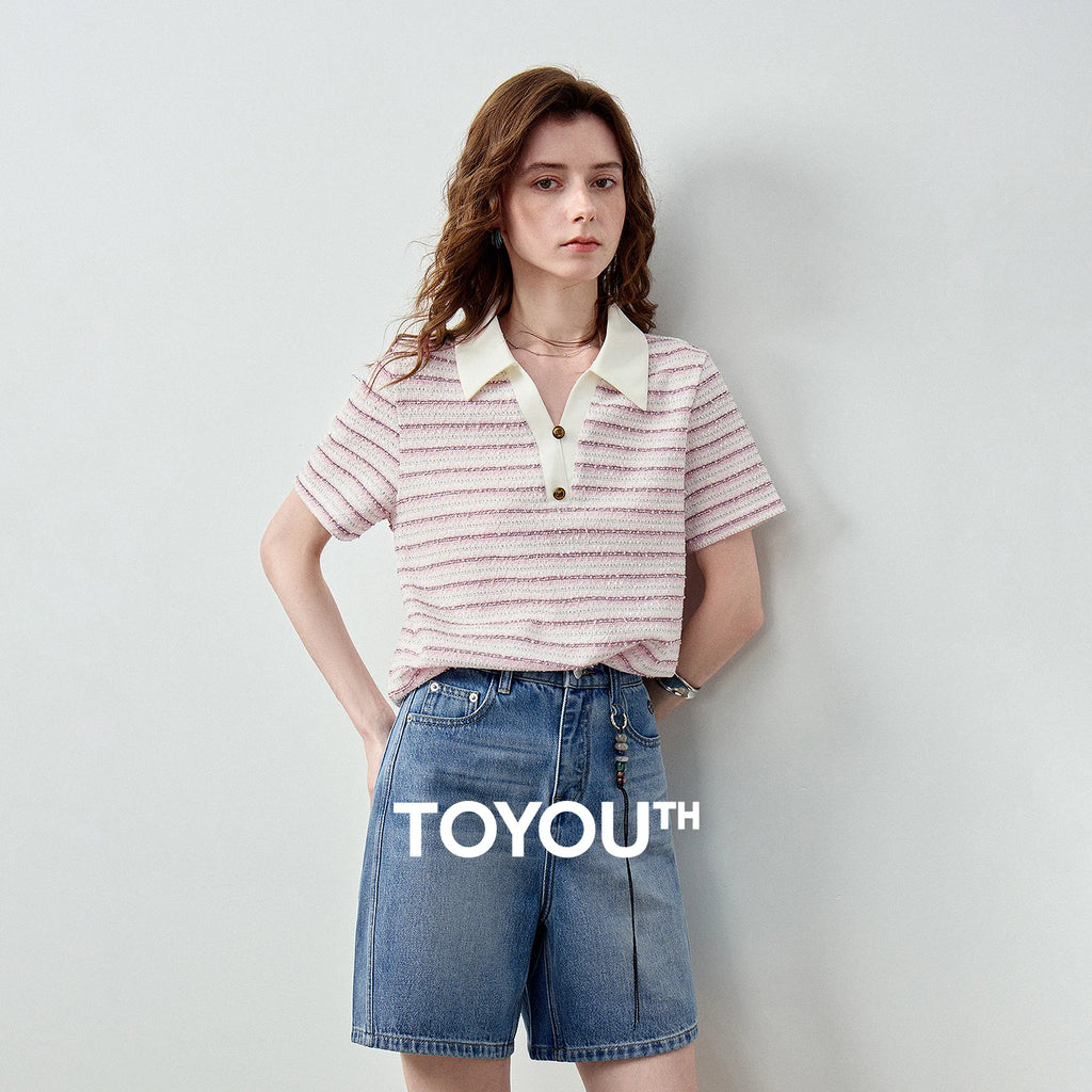 TOYOUTH Women Preppy Polo T-Shirt Summer 2026 New Arrival Contrast Color Tweed Texture Striped Short Sleeve Old Money Aesthetic