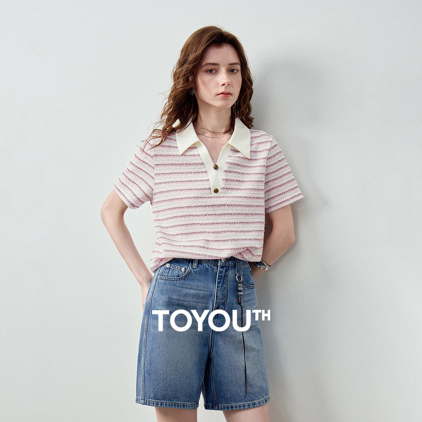 TOYOUTH Women Preppy Polo T-Shirt Summer 2026 New Arrival Contrast Color Tweed Texture Striped Short Sleeve Old Money Aesthetic