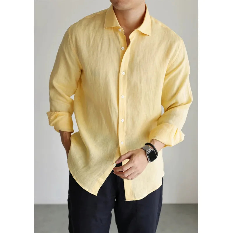 Men's Linen Shirt Cotton Blend Long Sleeve Button Down Casual Loose Fit Summer Breathable Tops Old Money Aesthetic Solid Color