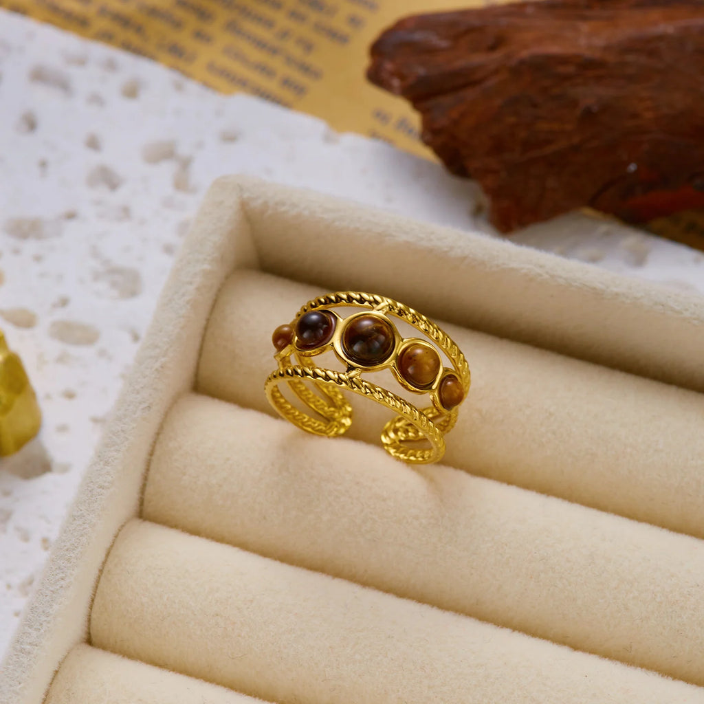 French Vintage Gold Aesthetic Ring for Women Waterproof Stainless Steel Old Money Antique Sunburst Stacking Jewelry