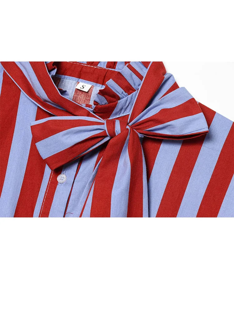 HH Women Summer Spring Old Money Red Blue Stripe Blouse Spring Bow Tie Neck Sleeveless Peplum Hem Lightweight Top For Daily