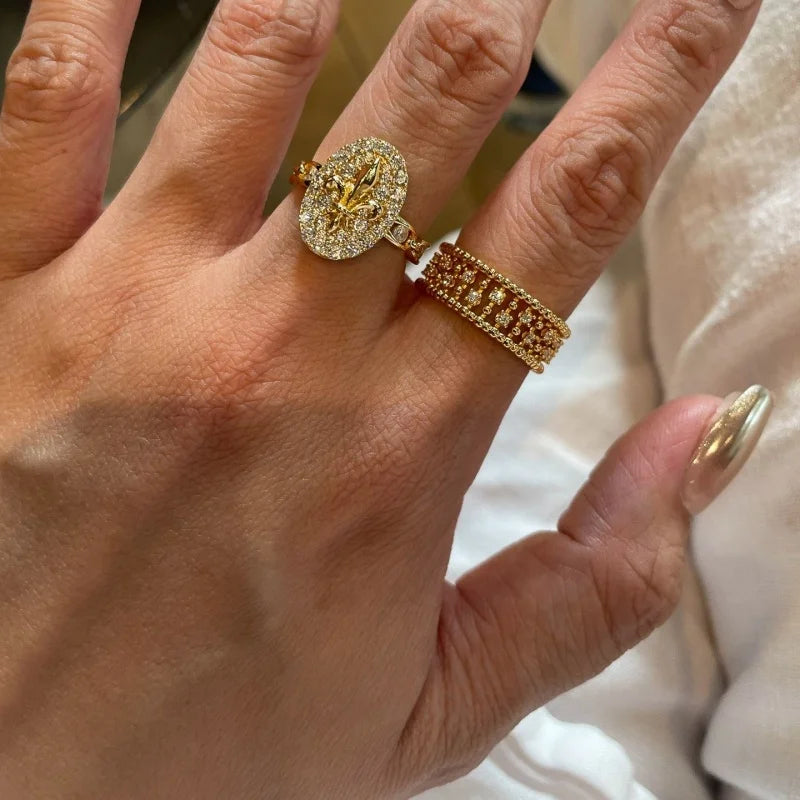 Old Money Wind Gorgeous Row Diamond Ring Women's Fashion Versatile Ring Personality Retro Zircon Ring