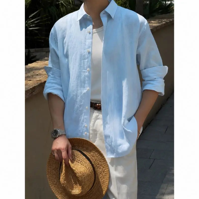 Men's Linen Shirt Cotton Blend Long Sleeve Button Down Casual Loose Fit Summer Breathable Tops Old Money Aesthetic Solid Color