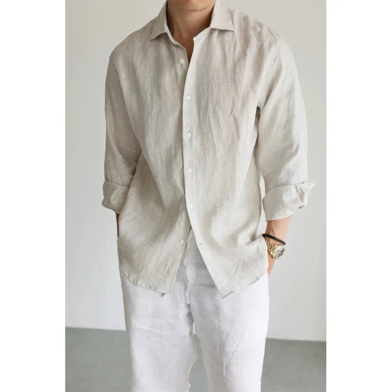Men's Linen Shirt Cotton Blend Long Sleeve Button Down Casual Loose Fit Summer Breathable Tops Old Money Aesthetic Solid Color
