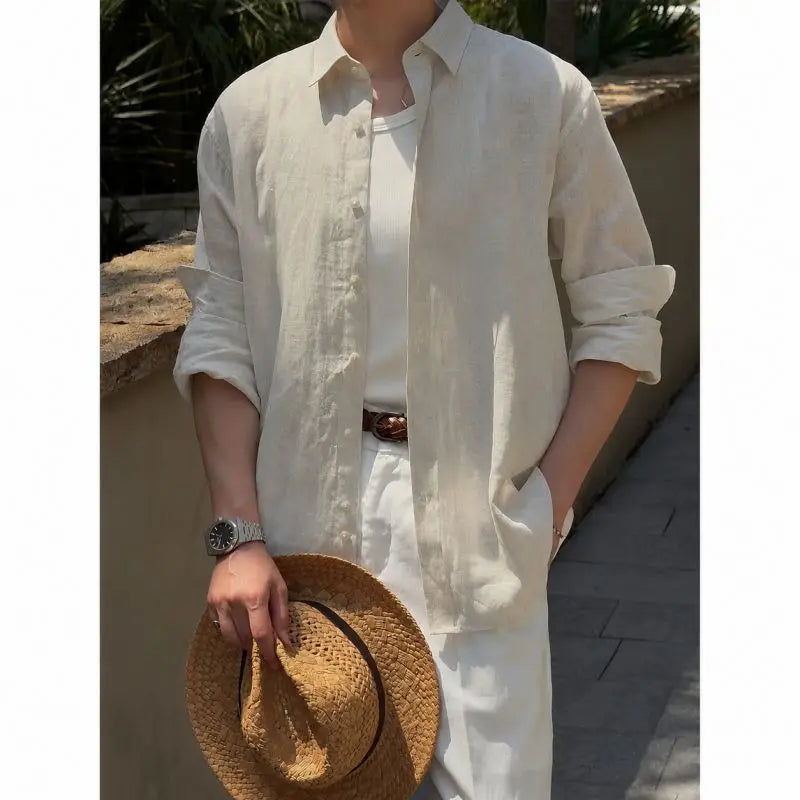 Men's Linen Shirt Cotton Blend Long Sleeve Button Down Casual Loose Fit Summer Breathable Tops Old Money Aesthetic Solid Color