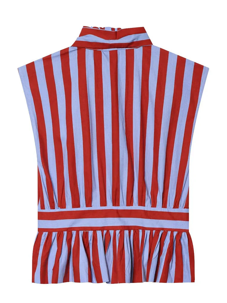 HH Women Summer Spring Old Money Red Blue Stripe Blouse Spring Bow Tie Neck Sleeveless Peplum Hem Lightweight Top For Daily