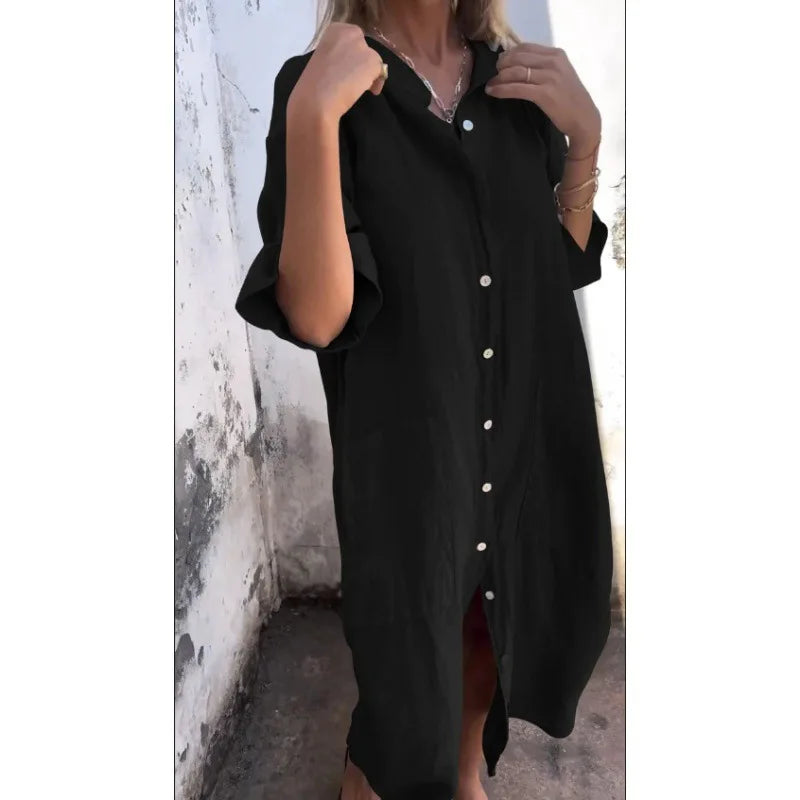 2026 Women's Old Money Shirt Dress Loose Button Pocket Half Sleeve Solid Color Casual Long Cotton and Linen Shirt Dresses
