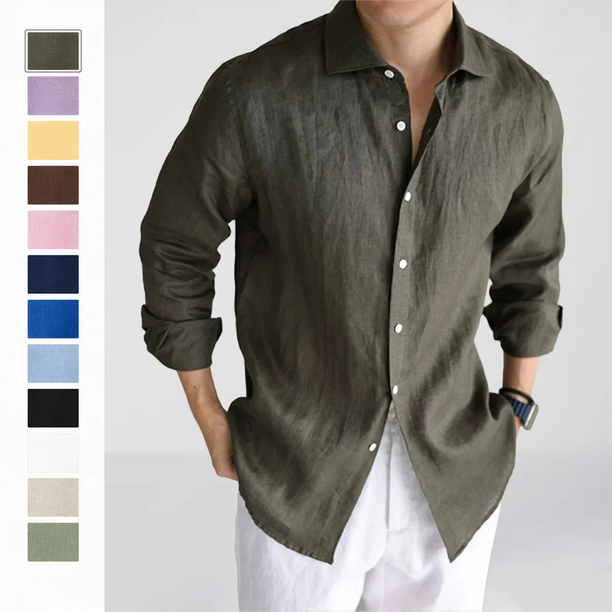 Men's Linen Shirt Cotton Blend Long Sleeve Button Down Casual Loose Fit Summer Breathable Tops Old Money Aesthetic Solid Color