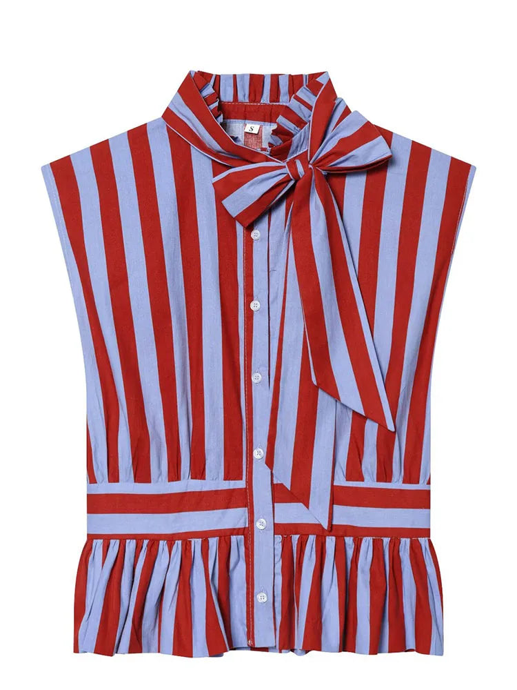 HH Women Summer Spring Old Money Red Blue Stripe Blouse Spring Bow Tie Neck Sleeveless Peplum Hem Lightweight Top For Daily