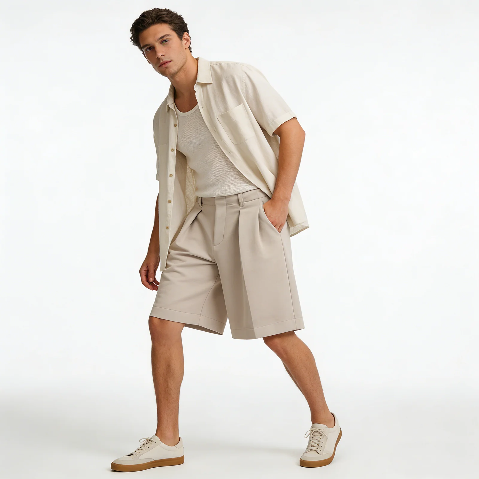 Old Money Aesthetic Shorts Men Elastic Waist Wide Leg Relaxed Fit Casual Dress Business Shorts Lightweight Solid Color Pleated