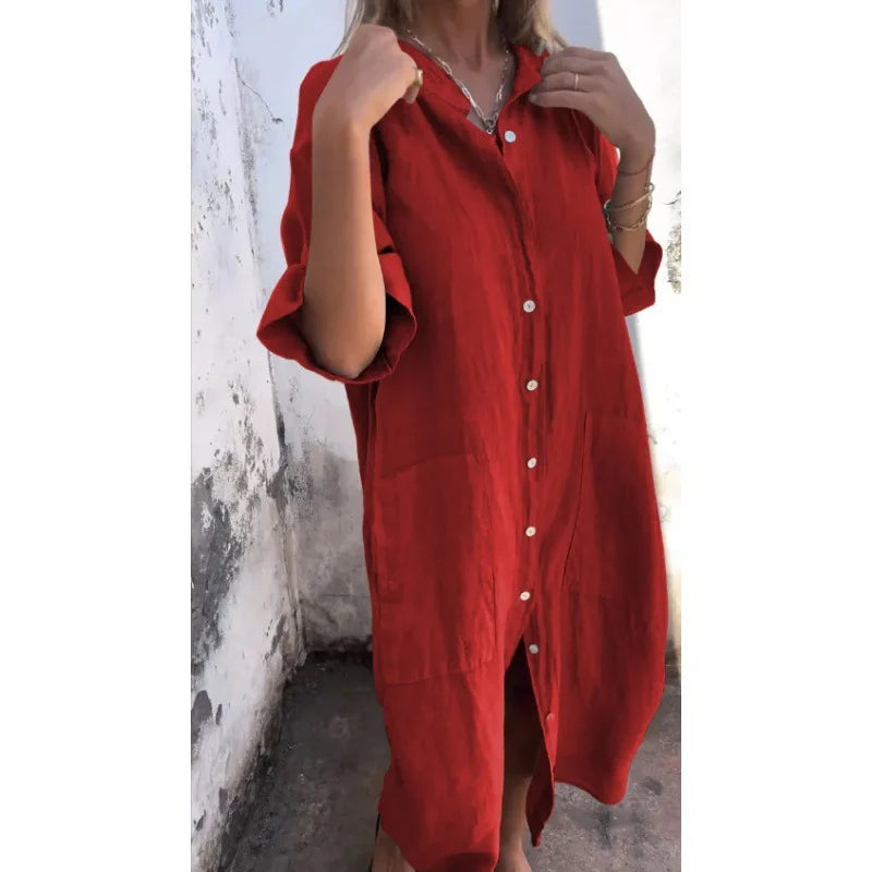 2026 Women's Old Money Shirt Dress Loose Button Pocket Half Sleeve Solid Color Casual Long Cotton and Linen Shirt Dresses