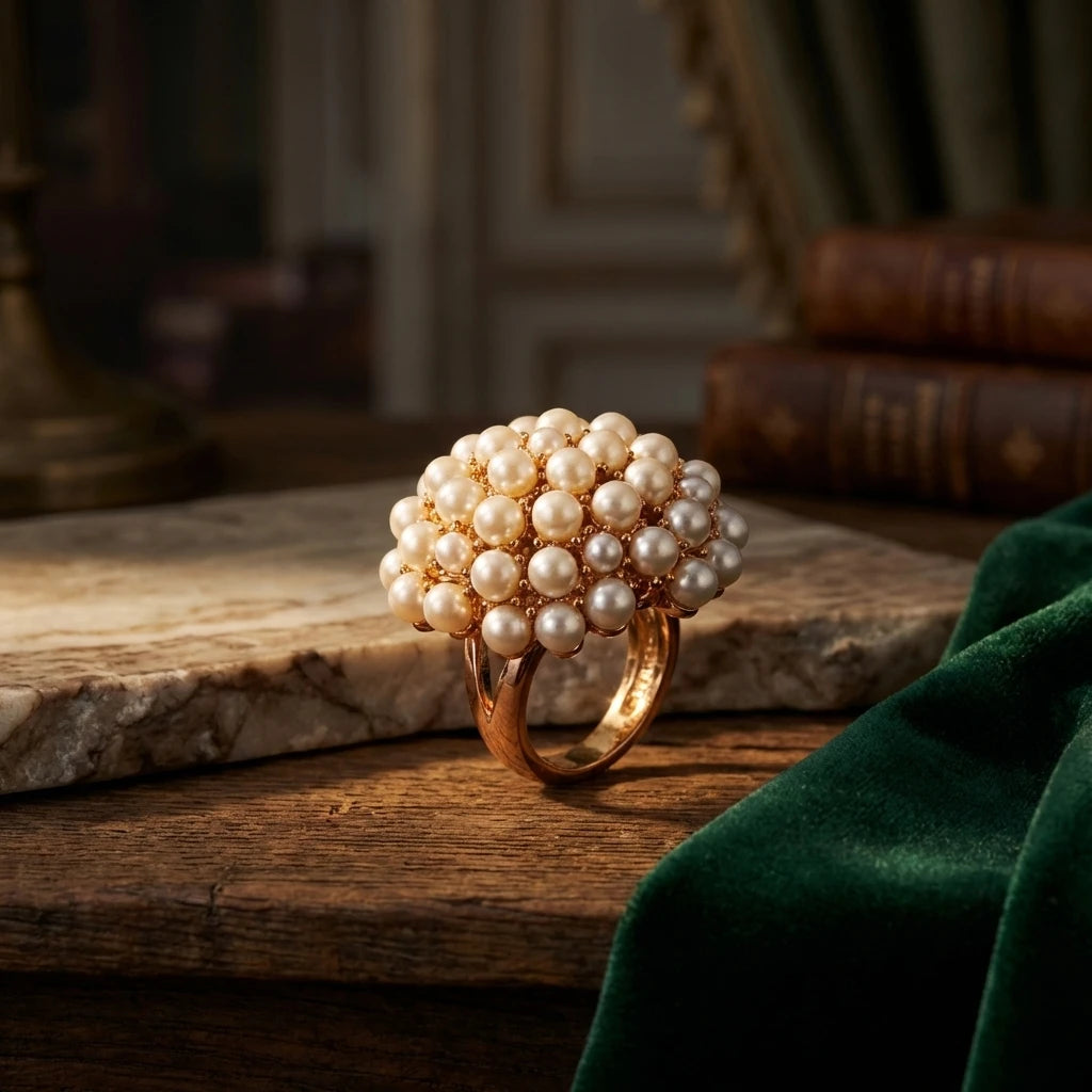 Old Money Pearl Floral Cluster Cocktail Ring for Women Brass Chunky Hollow Out Elegant Evening Party Jewelry Statement Pieces