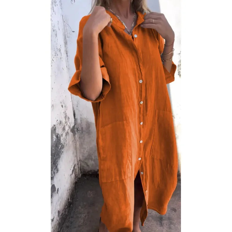 2026 Women's Old Money Shirt Dress Loose Button Pocket Half Sleeve Solid Color Casual Long Cotton and Linen Shirt Dresses