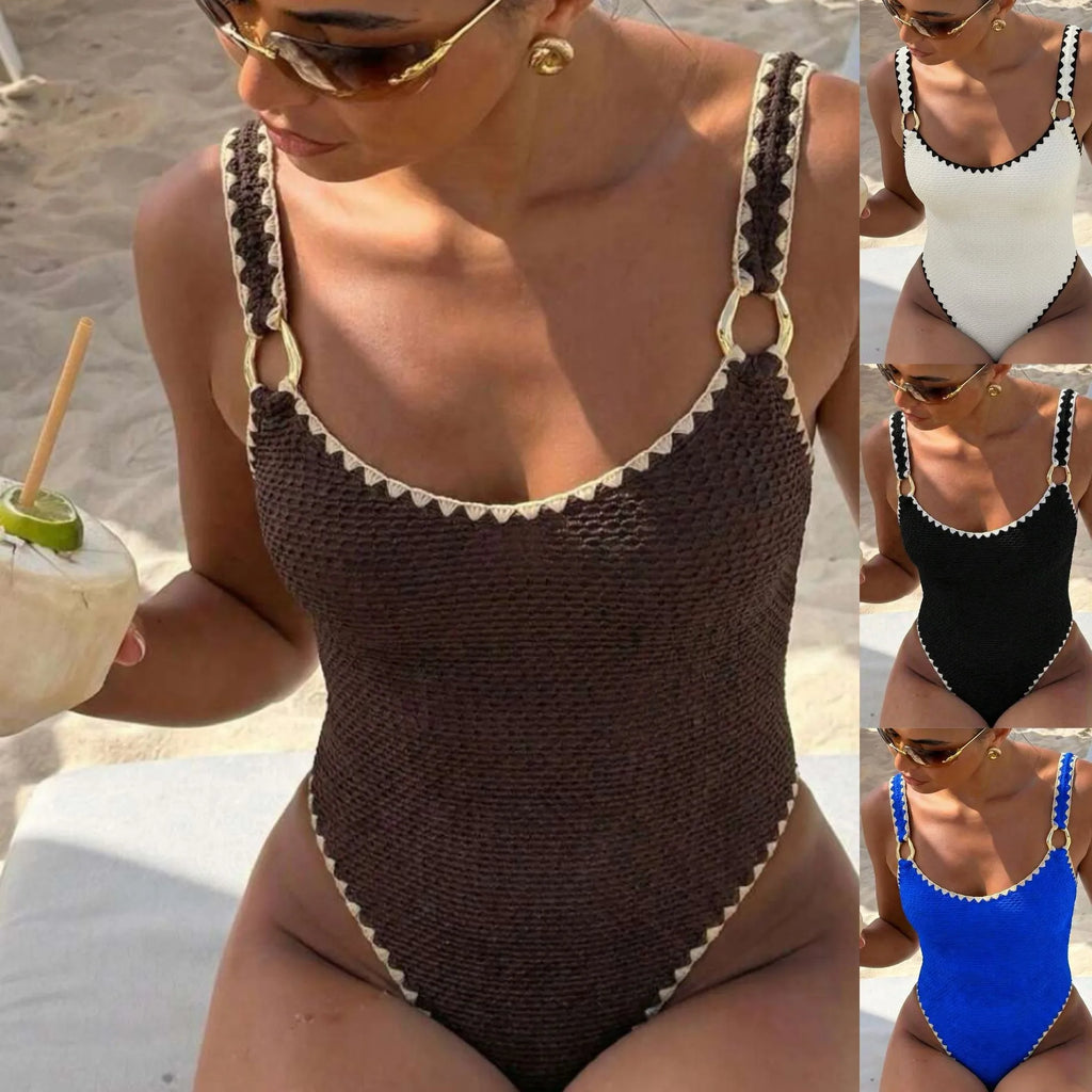 Women Swimwear Swimsuit Sleeveless Solid Color High Waist V Neckline Back Cutout Brown Black White Bathing Suit