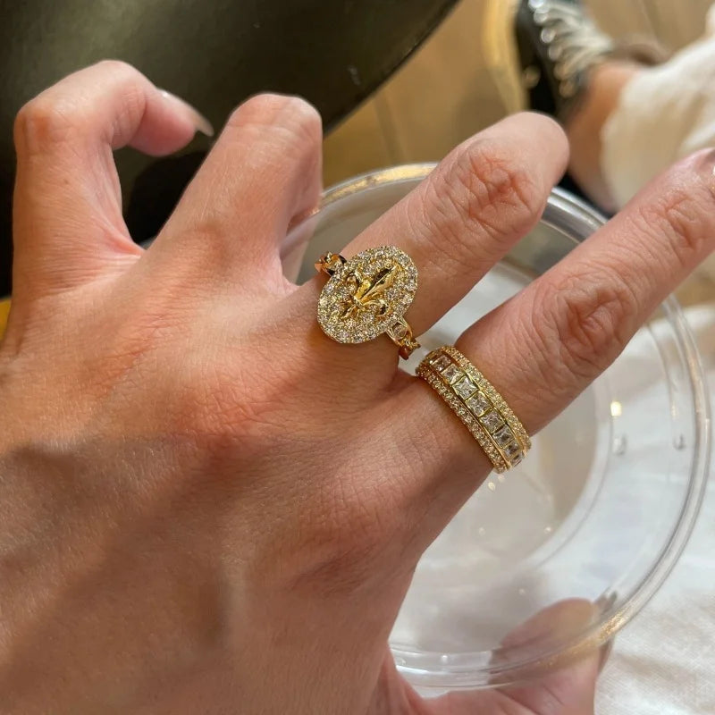 Old Money Wind Gorgeous Row Diamond Ring Women's Fashion Versatile Ring Personality Retro Zircon Ring