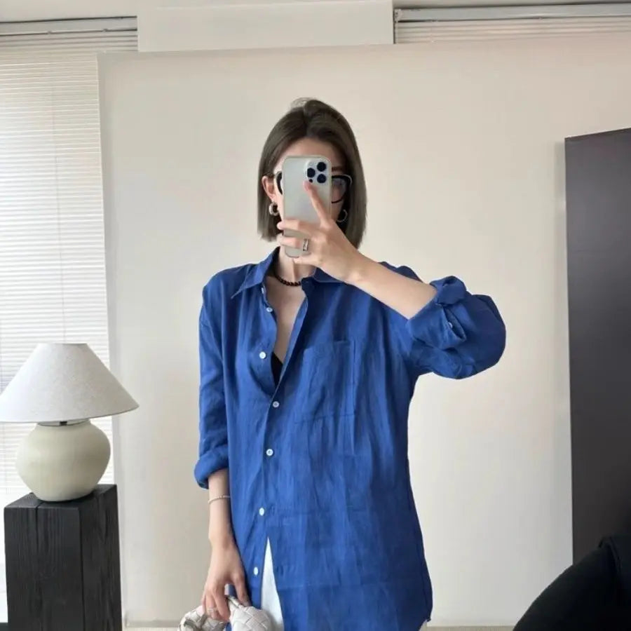 White Linen Long-sleeved Shirt for Women Summer Thin Loose Old Money Style Cotton and Linen Shirt with Sun Protection Top