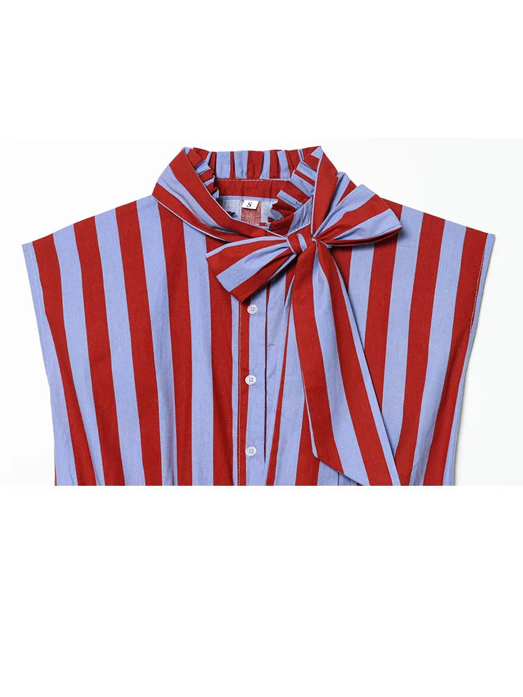 HH Women Summer Spring Old Money Red Blue Stripe Blouse Spring Bow Tie Neck Sleeveless Peplum Hem Lightweight Top For Daily