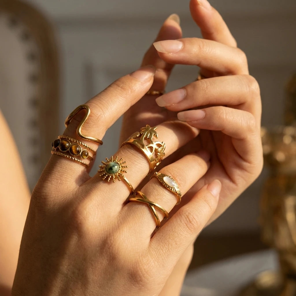 French Vintage Gold Aesthetic Ring for Women Waterproof Stainless Steel Old Money Antique Sunburst Stacking Jewelry