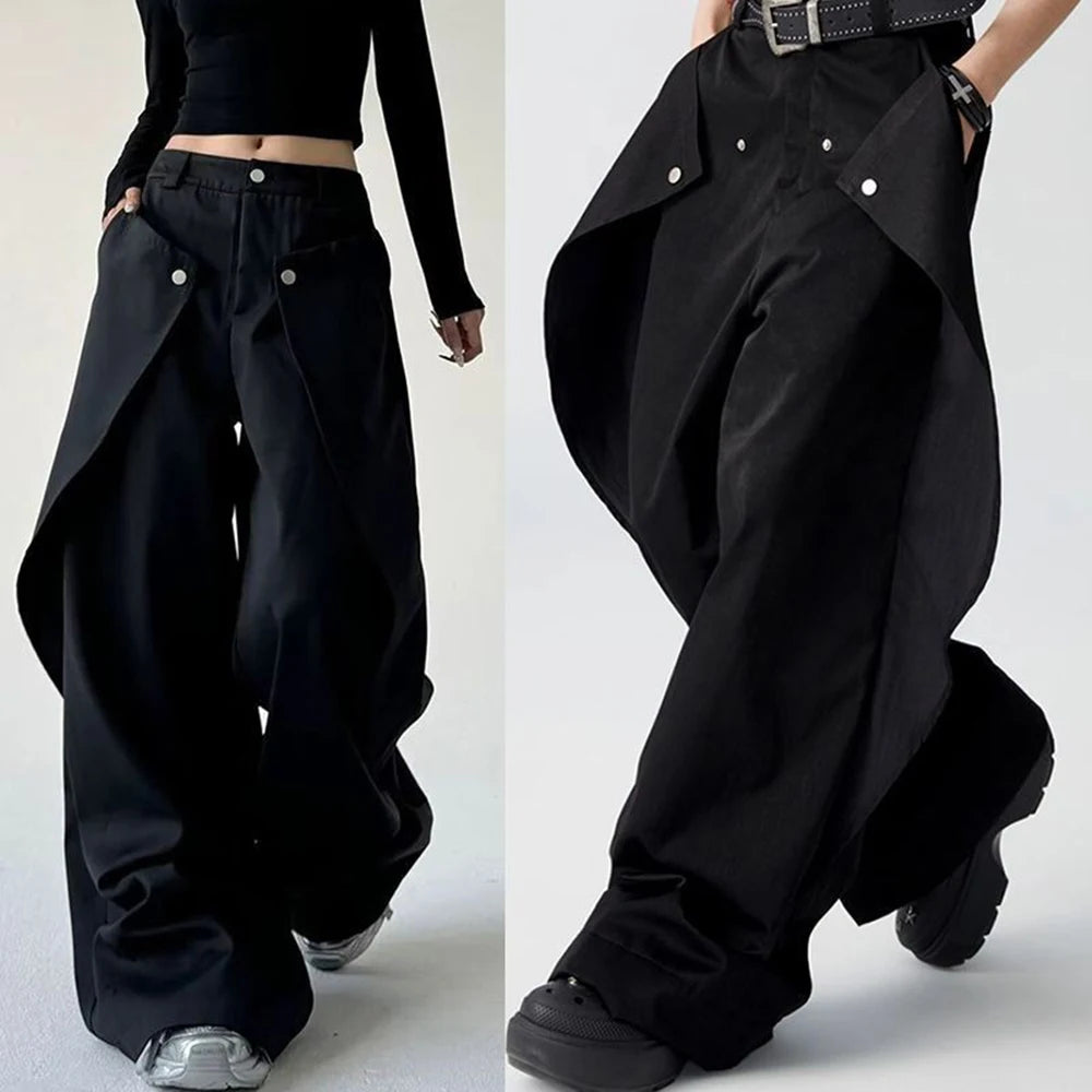 Mens Trousers Stitching Double-Layer Design Casual Pants Streetwear Fashion Grunge Old Money Men Wide-Leg Pants Men'S Wear 2025