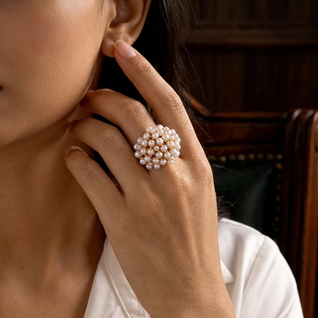 Old Money Pearl Floral Cluster Cocktail Ring for Women Brass Chunky Hollow Out Elegant Evening Party Jewelry Statement Pieces