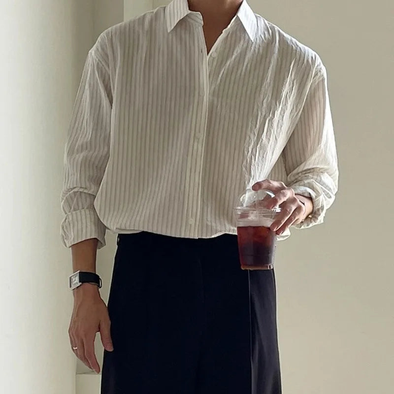 Old Money Style Men's Shirt 2025 Autumn Stylish Striped Printed Shirts Long Sleeve Button-up Turn-down Collar Mens Casual Shirt