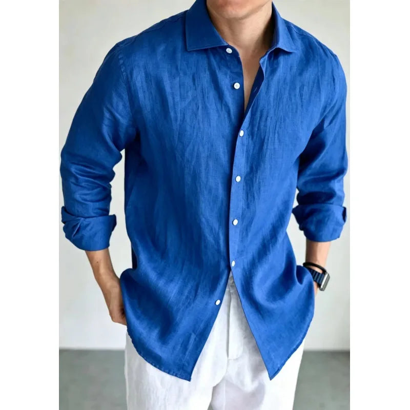 Men's Linen Shirt Cotton Blend Long Sleeve Button Down Casual Loose Fit Summer Breathable Tops Old Money Aesthetic Solid Color