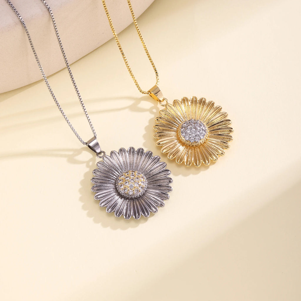 Nidin Light Luxury Textured Daisy Flower Necklace Cubic Zirconia Pendant Vintage Old Money Style For Women Daily Party Jewelry