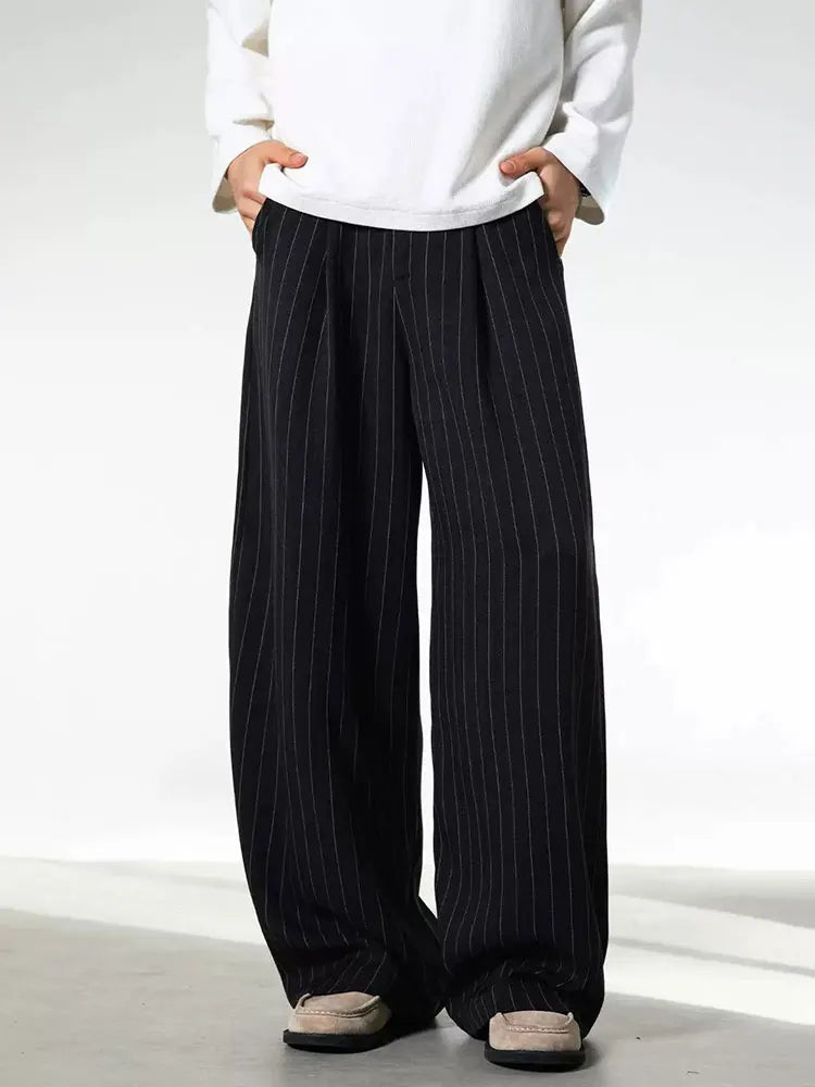 Minimalist Gray Striped Wide Leg Trousers Men Vintage Ice Silk Suit Pants Work Wear Old Money Straight Casual Loose Trousers
