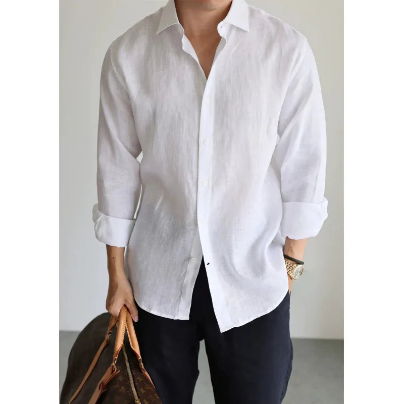 Men's Linen Shirt Cotton Blend Long Sleeve Button Down Casual Loose Fit Summer Breathable Tops Old Money Aesthetic Solid Color