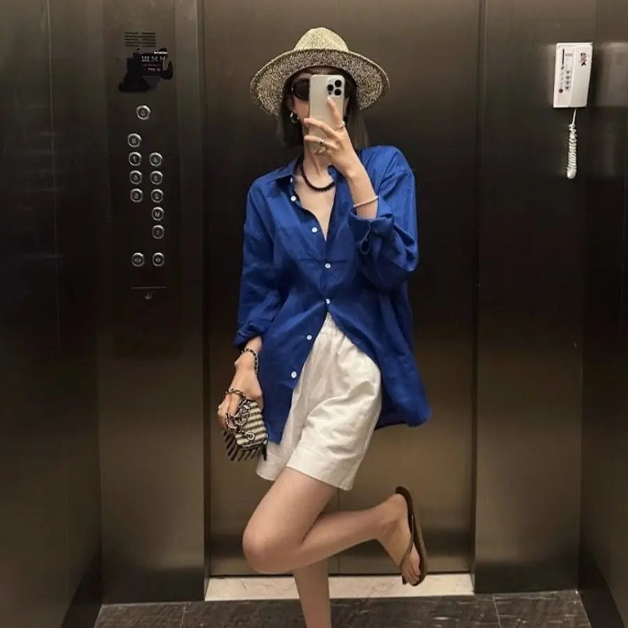 White Linen Long-sleeved Shirt for Women Summer Thin Loose Old Money Style Cotton and Linen Shirt with Sun Protection Top