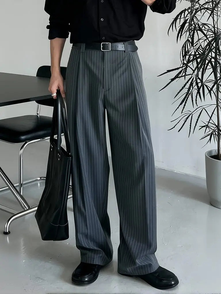 Minimalist Gray Striped Wide Leg Trousers Men Vintage Ice Silk Suit Pants Work Wear Old Money Straight Casual Loose Trousers