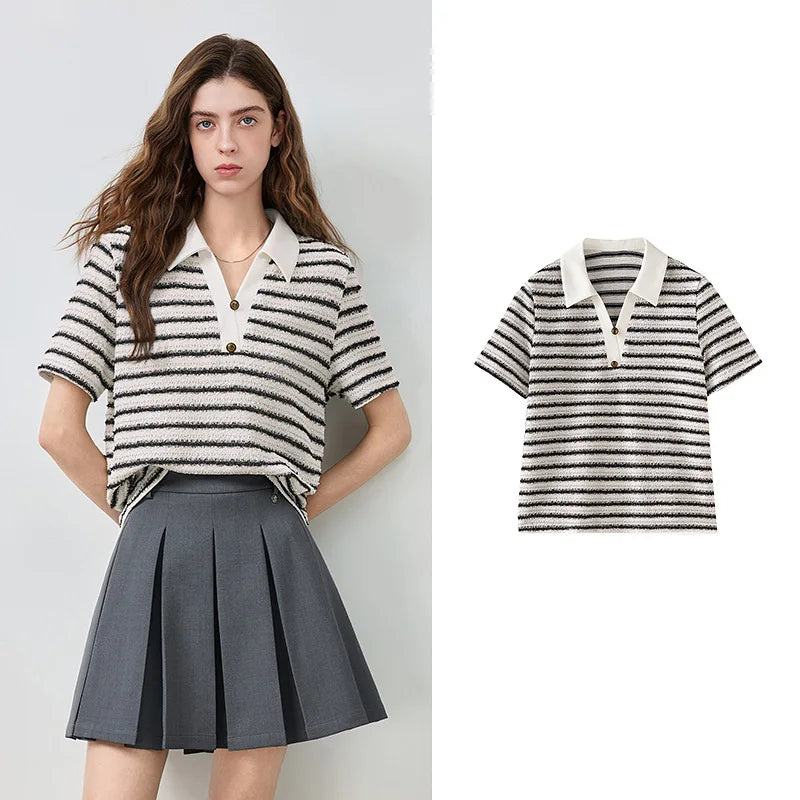 TOYOUTH Women Preppy Polo T-Shirt Summer 2026 New Arrival Contrast Color Tweed Texture Striped Short Sleeve Old Money Aesthetic