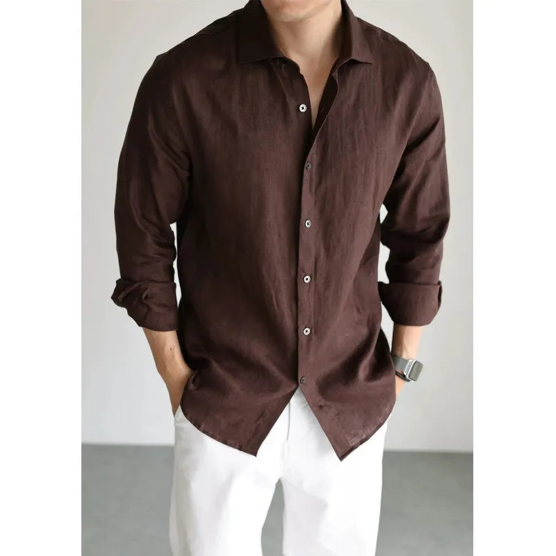 Men's Linen Shirt Cotton Blend Long Sleeve Button Down Casual Loose Fit Summer Breathable Tops Old Money Aesthetic Solid Color