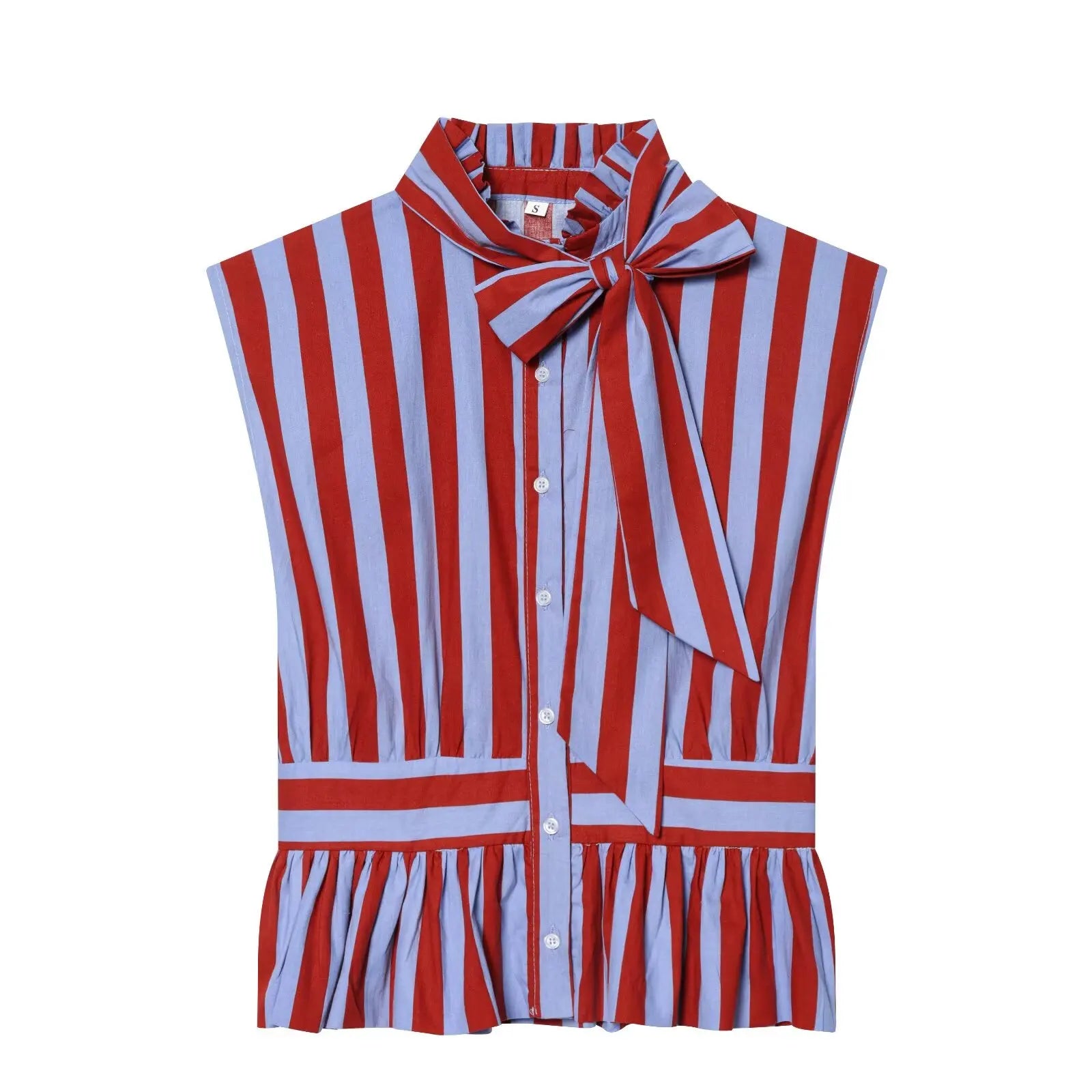 HH Women Summer Spring Old Money Red Blue Stripe Blouse Spring Bow Tie Neck Sleeveless Peplum Hem Lightweight Top For Daily