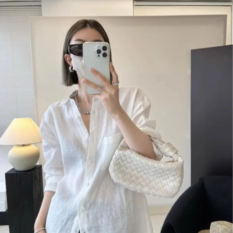 White Linen Long-sleeved Shirt for Women Summer Thin Loose Old Money Style Cotton and Linen Shirt with Sun Protection Top