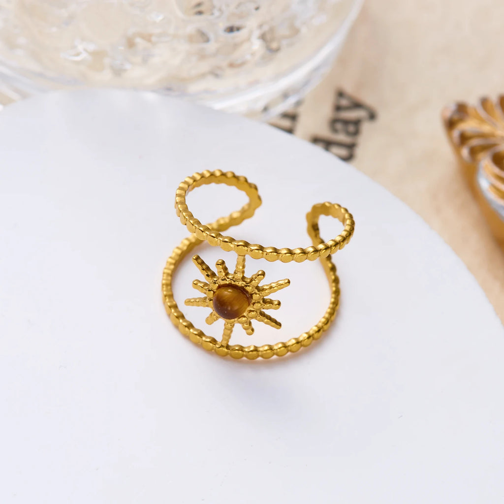 French Vintage Gold Aesthetic Ring for Women Waterproof Stainless Steel Old Money Antique Sunburst Stacking Jewelry