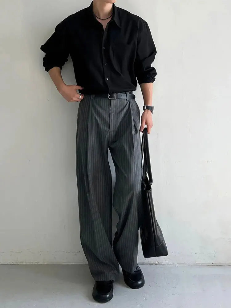 Minimalist Gray Striped Wide Leg Trousers Men Vintage Ice Silk Suit Pants Work Wear Old Money Straight Casual Loose Trousers