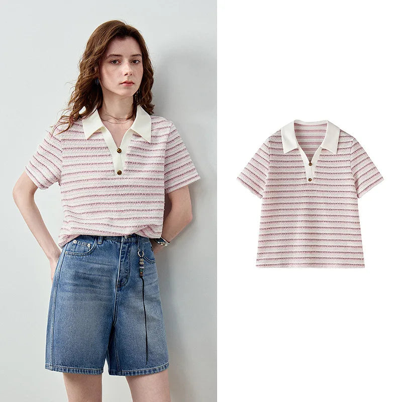 TOYOUTH Women Preppy Polo T-Shirt Summer 2026 New Arrival Contrast Color Tweed Texture Striped Short Sleeve Old Money Aesthetic